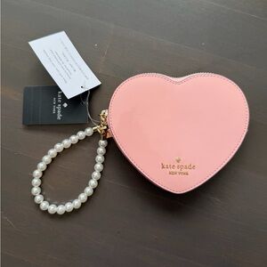 Kate Spade New York Love Shack 3D Heart Faux Pearl Wristlet Tea Rose Pink NWT